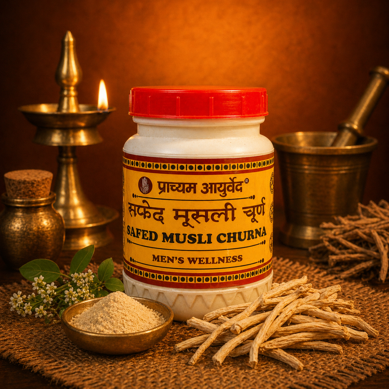 Safed Musli Churna supplement formulation texture and ingredients closeup