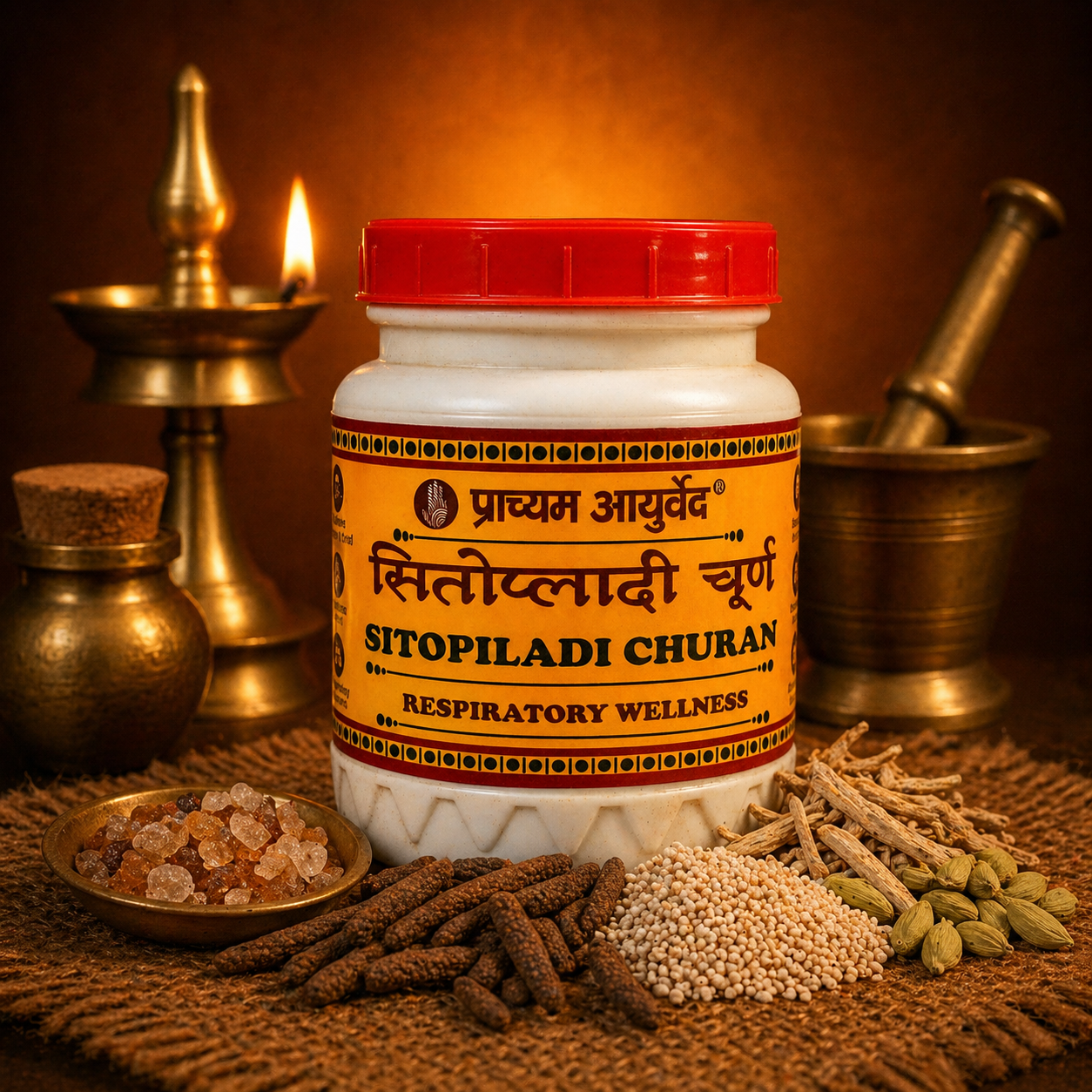Sitopaladi Churna supplement formulation texture and ingredients closeup