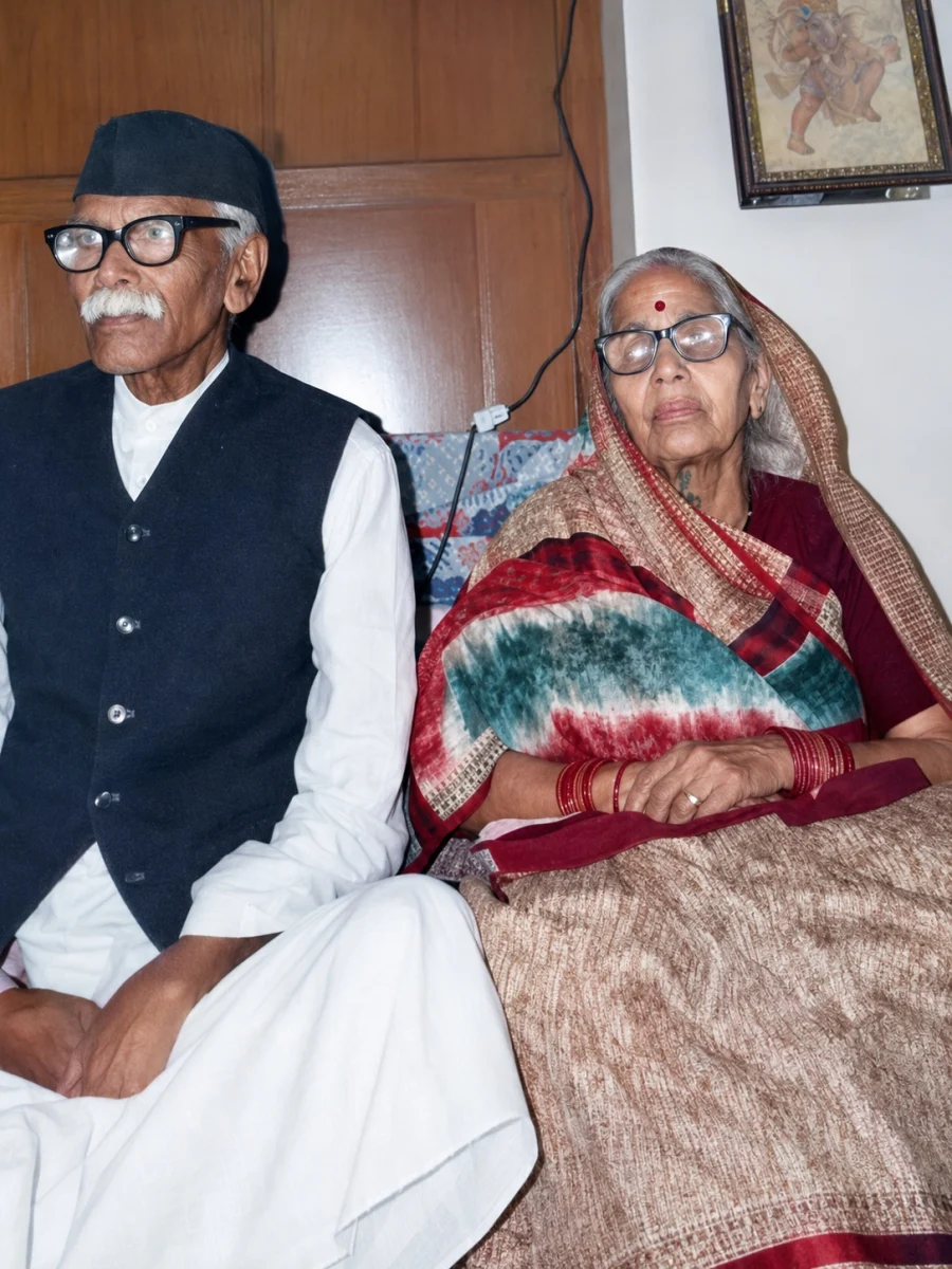 Vaidya Pandit Laxmi Shankar Trivedi, founder of Prachyam Ayurveda, seated on the left beside a family elder at the family home in Kanpur