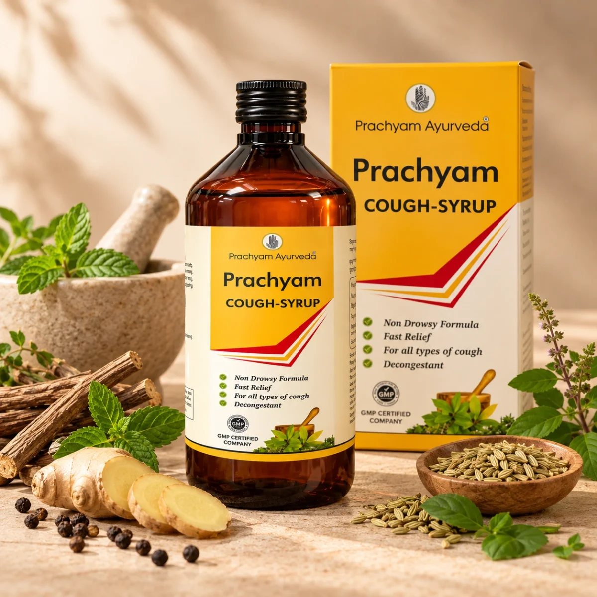 Prachyam Ayurveda cough syrup for seasonal cough and respiratory wellness