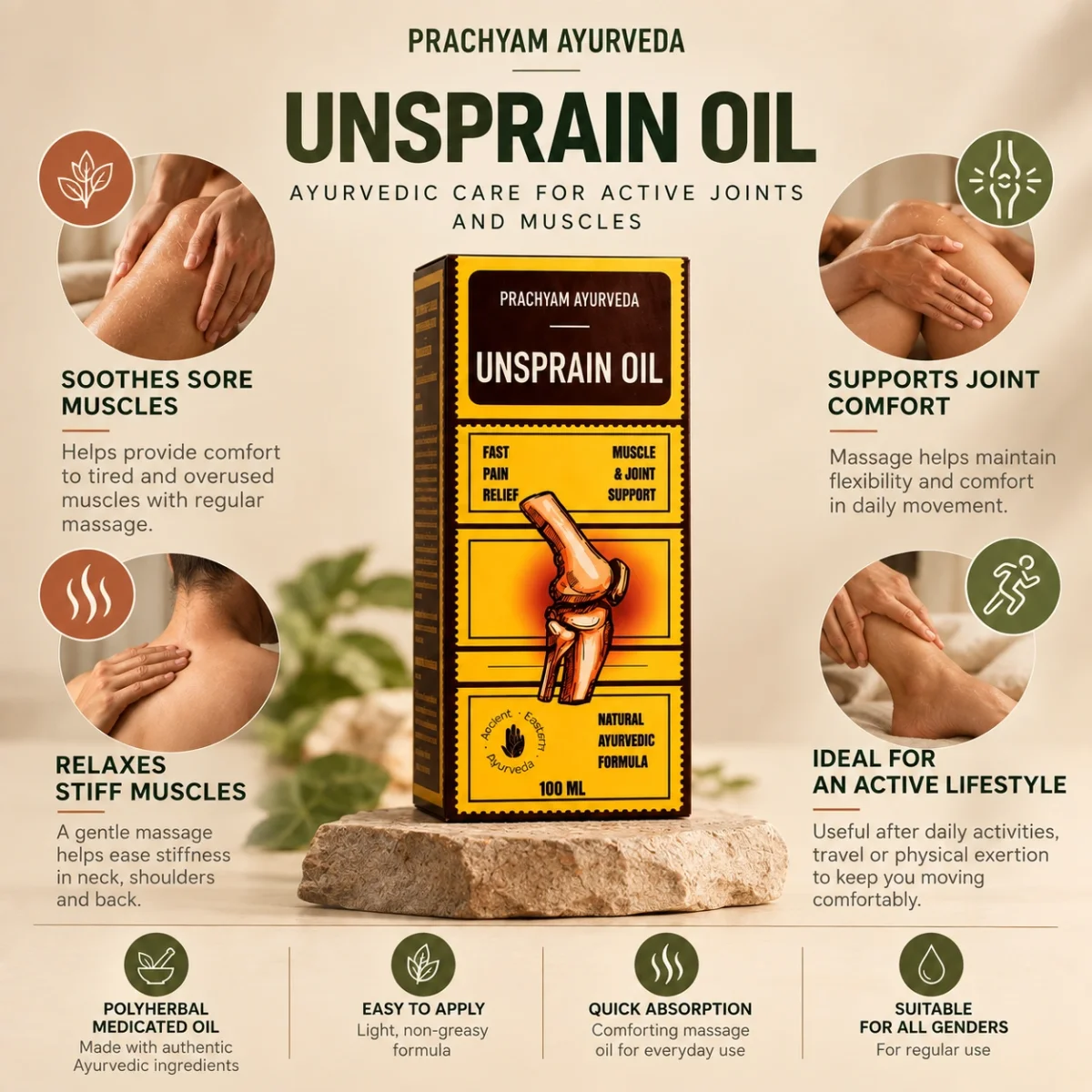 Prachyam Ayurveda Unsprain Oil bottle for Ayurvedic muscle and joint care