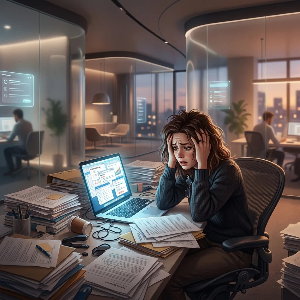 A person at a cluttered office desk late in the evening, head in hands, looking overwhelmed